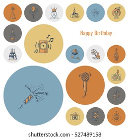 Happy Birthday Icons Set. Simple, Minimalistic and Flat Style. Retro Color. Vector