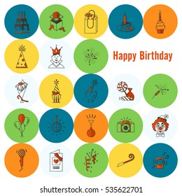 Happy Birthday Icons Set. Simple, Minimalistic and Flat Style. Colorful. Vector