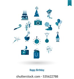 Happy Birthday Icons Set. Simple, Minimalistic and Flat Style. Monochrome color. Vector