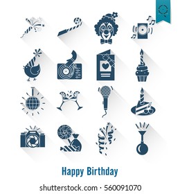 Happy Birthday Icons Set. Simple, Minimalistic and Flat Style. Long Shadow. Vector