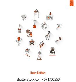 Happy Birthday Icons Set. Simple, Minimalistic and Flat Style. Long Shadow. Vector