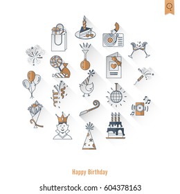 Happy Birthday Icons Set. Simple, Minimalistic and Flat Style. Retro Color. Long Shadow. Vector