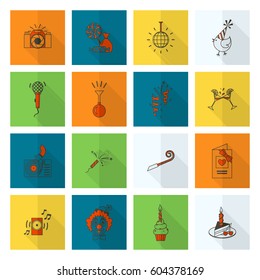 Happy Birthday Icons Set. Simple, Minimalistic and Flat Style. Colorful. Long Shadow. Vector
