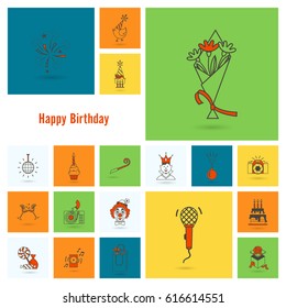 Happy Birthday Icons Set. Simple, Minimalistic and Flat Style. Colorful. Vector