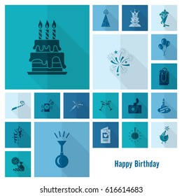 Happy Birthday Icons Set. Simple, Minimalistic and Flat Style. Monochrome color. Long Shadow. Vector
