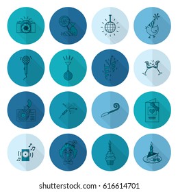 Happy Birthday Icons Set. Simple, Minimalistic and Flat Style. Monochrome color. Long Shadow. Vector
