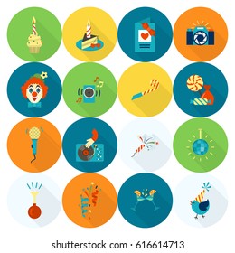 Happy Birthday Icons Set. Simple, Minimalistic and Flat Style. Colorful. Long Shadow. Vector