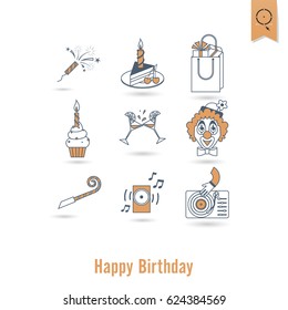 Happy Birthday Icons Set. Simple, Minimalistic and Flat Style. Retro Color. Vector