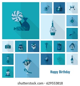 Happy Birthday Icons Set. Simple, Minimalistic and Flat Style. Monochrome color. Long Shadow. Vector