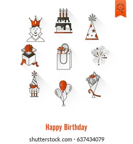 Happy Birthday Icons Set. Simple, Minimalistic and Flat Style. Long Shadow. Vector