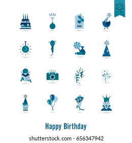 Happy Birthday Icons Set. Simple, Minimalistic and Flat Style. Monochrome color. Vector