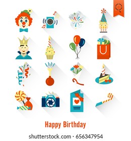 Happy Birthday Icons Set. Simple, Minimalistic and Flat Style. Colorful. Long Shadow. Vector