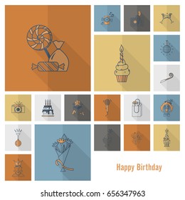 Happy Birthday Icons Set. Simple, Minimalistic and Flat Style. Retro Color. Long Shadow. Vector