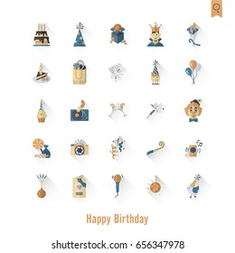 Happy Birthday Icons Set. Simple, Minimalistic and Flat Style. Retro Color. Long Shadow. Vector