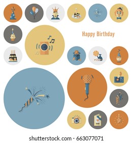 Happy Birthday Icons Set. Simple, Minimalistic and Flat Style. Retro Color. Vector