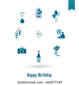 Happy Birthday Icons Set. Simple, Minimalistic and Flat Style. Monochrome color. Vector