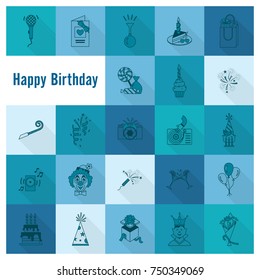 Happy Birthday Icons Set. Simple, Minimalistic and Flat Style. Monochrome color. Long Shadow. Vector
