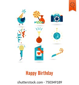 Happy Birthday Icons Set. Simple, Minimalistic and Flat Style. Colorful. Vector