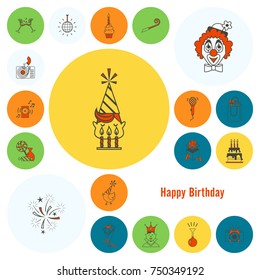 Happy Birthday Icons Set. Simple, Minimalistic and Flat Style. Colorful. Vector