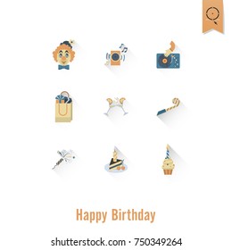 Happy Birthday Icons Set. Simple, Minimalistic and Flat Style. Retro Color. Long Shadow. Vector
