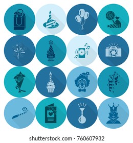 Happy Birthday Icons Set. Simple, Minimalistic and Flat Style. Monochrome color. Long Shadow. Vector