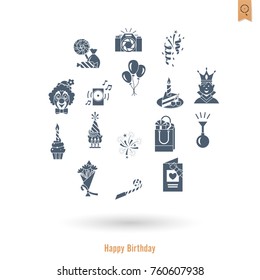 Happy Birthday Icons Set. Simple, Minimalistic and Flat Style. Vector