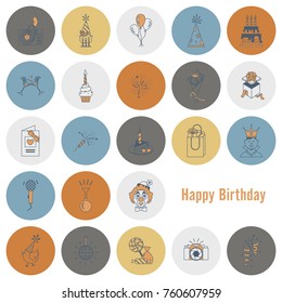 Happy Birthday Icons Set. Simple, Minimalistic and Flat Style. Retro Color. Vector