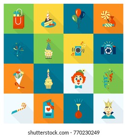 Happy Birthday Icons Set. Simple, Minimalistic and Flat Style. Colorful. Long Shadow. Vector