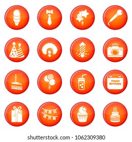 Happy birthday icons set vector red circle isolated on white background 