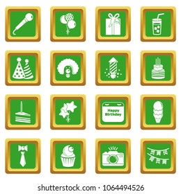 Happy birthday icons set vector green square isolated on white background 