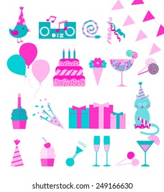 Happy Birthday icons set, vector illustration. Party and celebration design elements: balloons, flags, confetti, cake, drinks, gifts etc. 