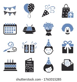 Happy Birthday Icons. Two Tone Flat Design. Vector Illustration.