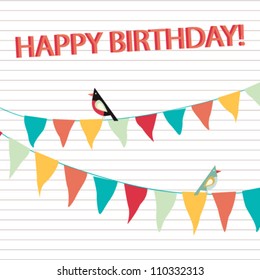 Happy Birthday illustration with beautidul flags and colorful birds