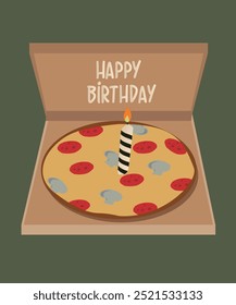 Feliz aniversário ilustração com caixa na Pizza e Pepperoni, cogumelo, sabor de queijo