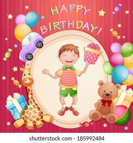 Happy birthday illustration with happy boy holding a gift box. 