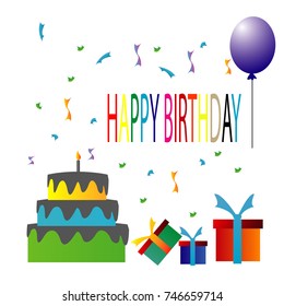 happy birthday illustration with birthday cake balloon and gift isolated on white background