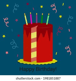 Happy birthday illustration with cake and candles. Vector cake for greeting card, postcard, poster.