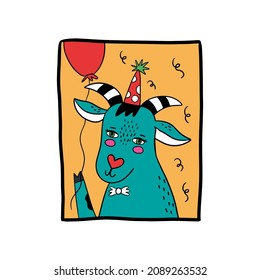 Happy birthday illustration for card. Goat funny drawing.