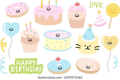 Happy Birthday illustration with cat, party hat, cupcake, cake, heart balloon, candles, candy, donut for birthday card, party, cafe, restaurant, menu, recipe, baking, cartoon, kids, toddler, sticker