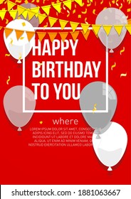 Happy birthday illustration. Colorful flat design style banner. Confetti flags and balloons on a red background. Bright anniversary celebration banner. Greeting card for the birthday man
