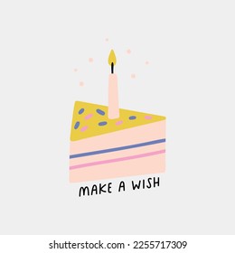 Happy Birthday illustration cupcake with candle. Tasty piece of cake on an isolated background. Hand Drawn greeting vector