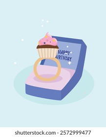  Happy Birthday Illustration with Cupcake Ring at Box