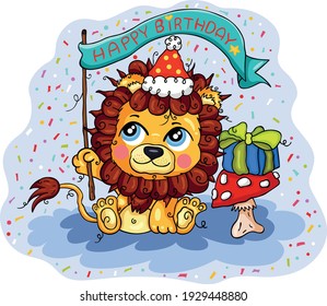 Happy birthday illustration with cute lion
