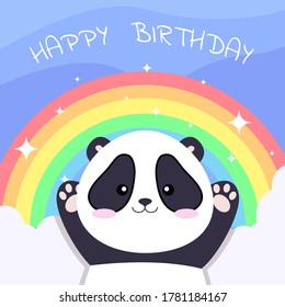 Happy birthday illustration cute panda and rainbow in kawaii style  Cute vector panda and rainbow 