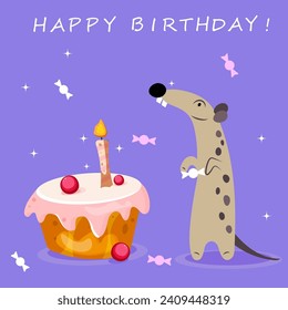 Happy birthday illustration depicting a birthday cake with a candle and candies around. There is a funny harek standing nearby. Vector illustration