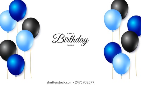 Diseño de ilustración de cumpleaños feliz con globos azules y negros realistas sobre fondo blanco. Vector