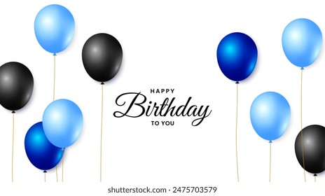 Happy birthday illustration design with realistic blue and black balloons on white background. Vector