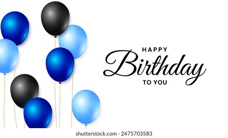 Happy birthday illustration design with realistic blue and black balloons on white background. Vector