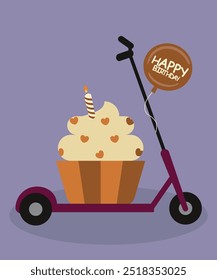 Happy Birthday Illustration with Electric Scooter and Cupcake,Balloon
