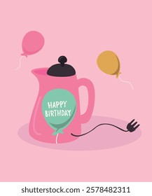 Happy Birthday Illustration with Electro Kettle at Ballon Pattern